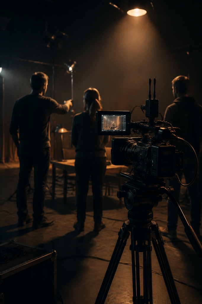 Church media training crew preparing camera equipment in a studio – The Fishermen Media